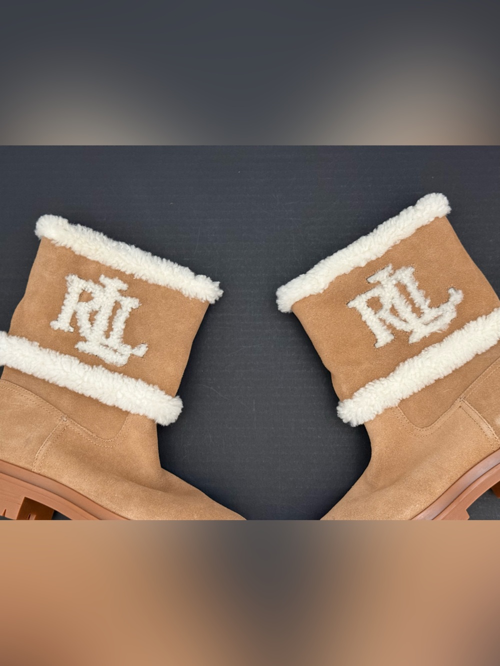 Ralph Lauren Tan Suede Logo Shearling-Trim Boots Size 10 - Picture 12 of 16